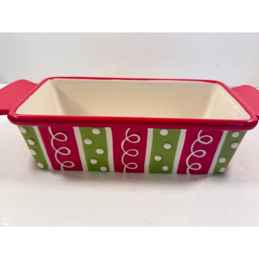 Baking Loaf Pans Stoneware Burton + Burton Christmas Red Green Polka Dots NEW